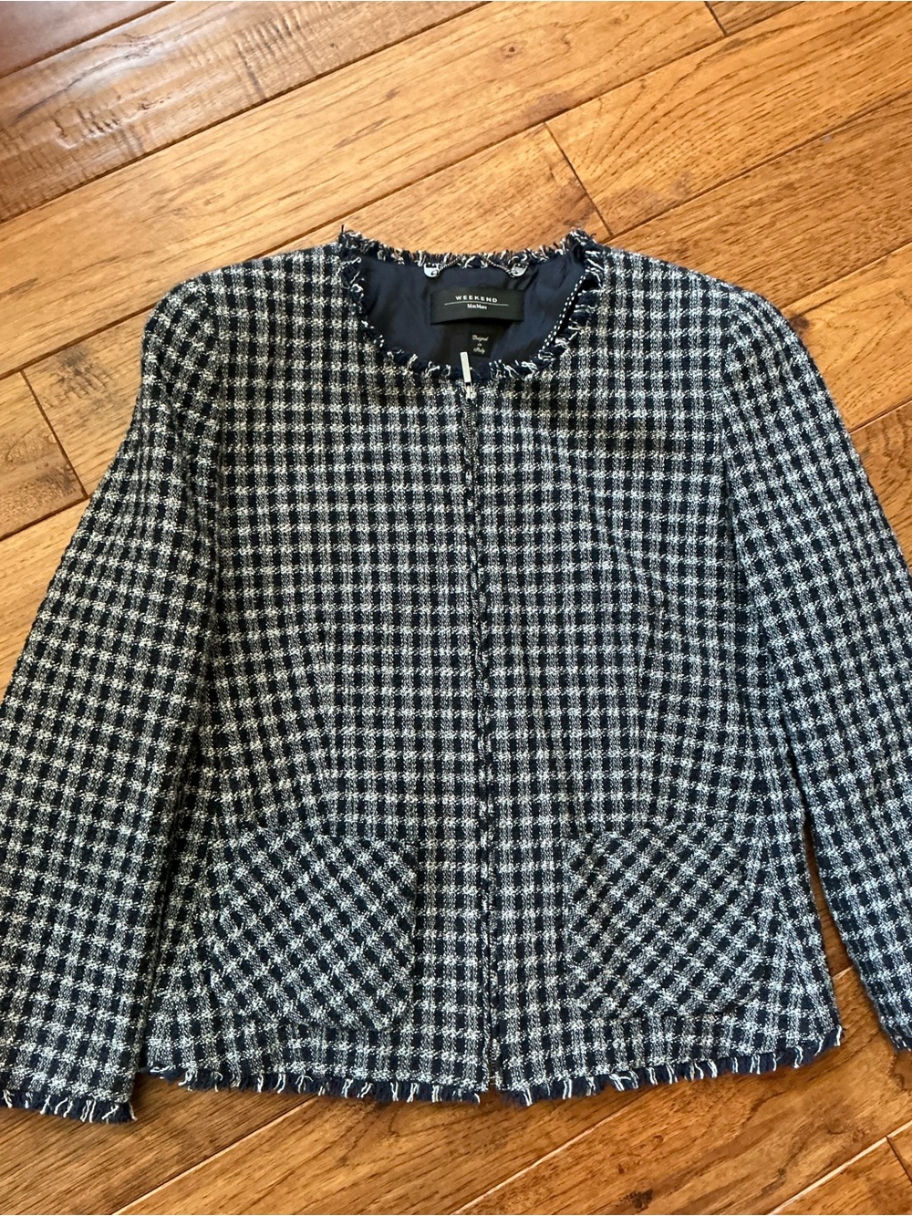Max Mara Weekend Navy Tweed Blazer, zipper front, cotton, size 6